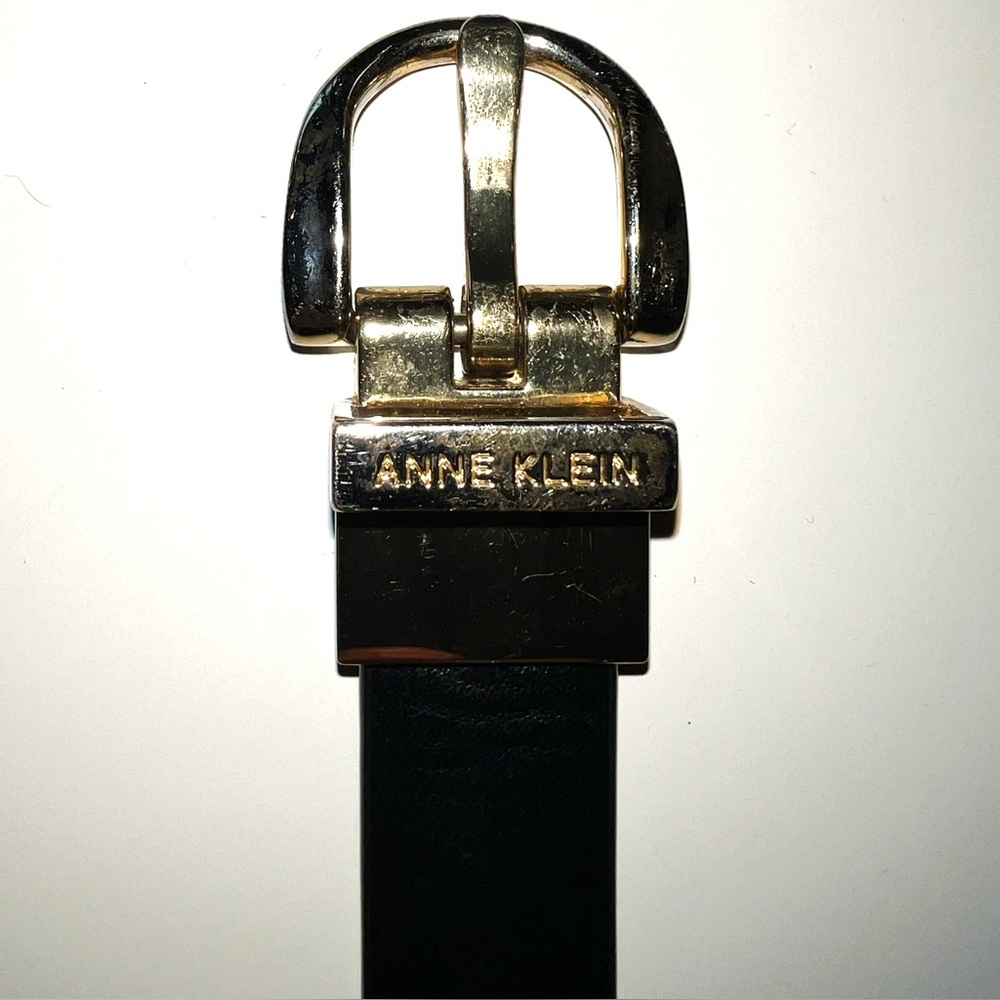 Anne Klein Black Leather Belt with Gold-Tone Logo Buckle